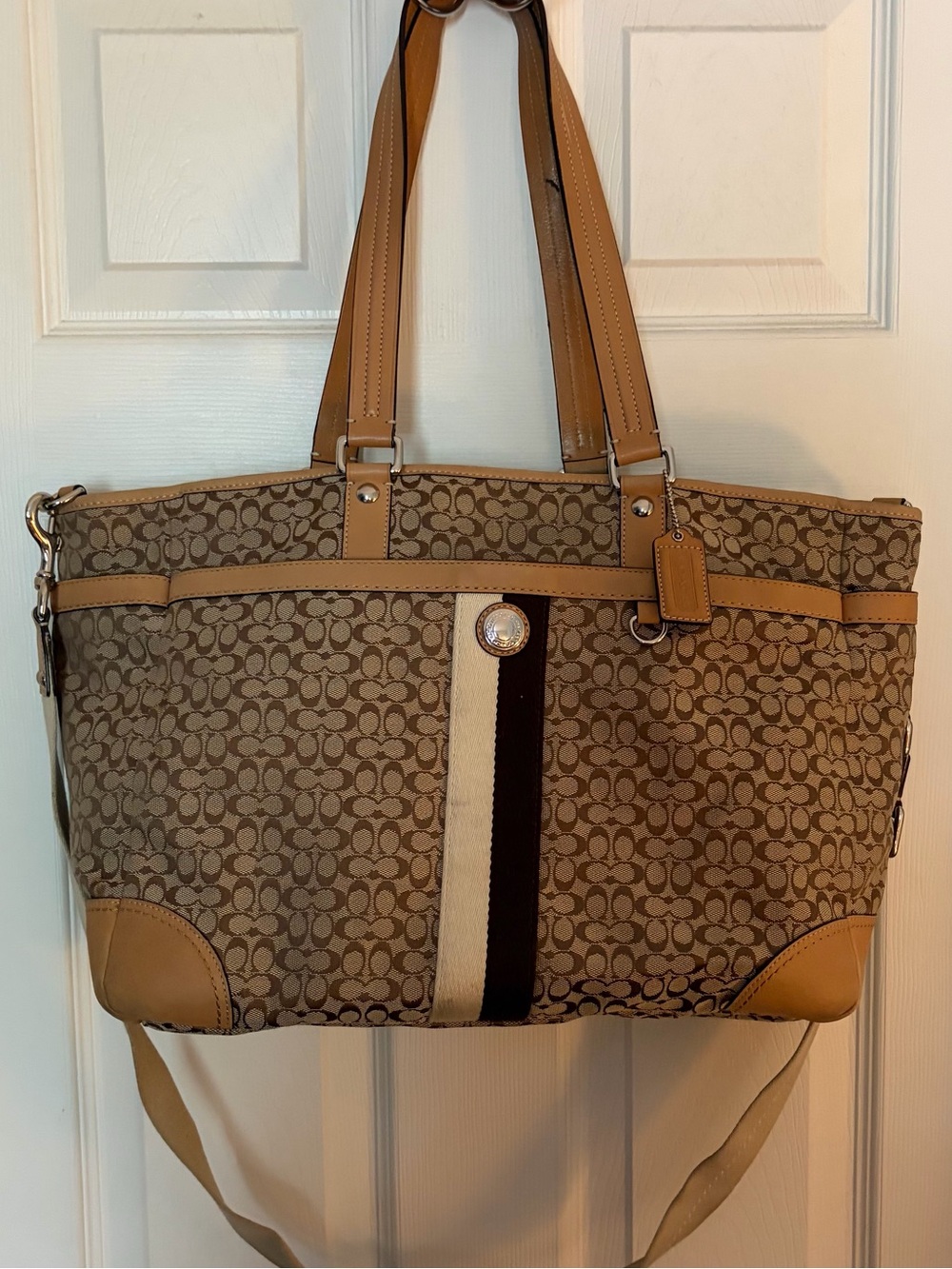 Coach Diaper Bag - Dark Brown and Cream Stripe and Tan Leather Trim